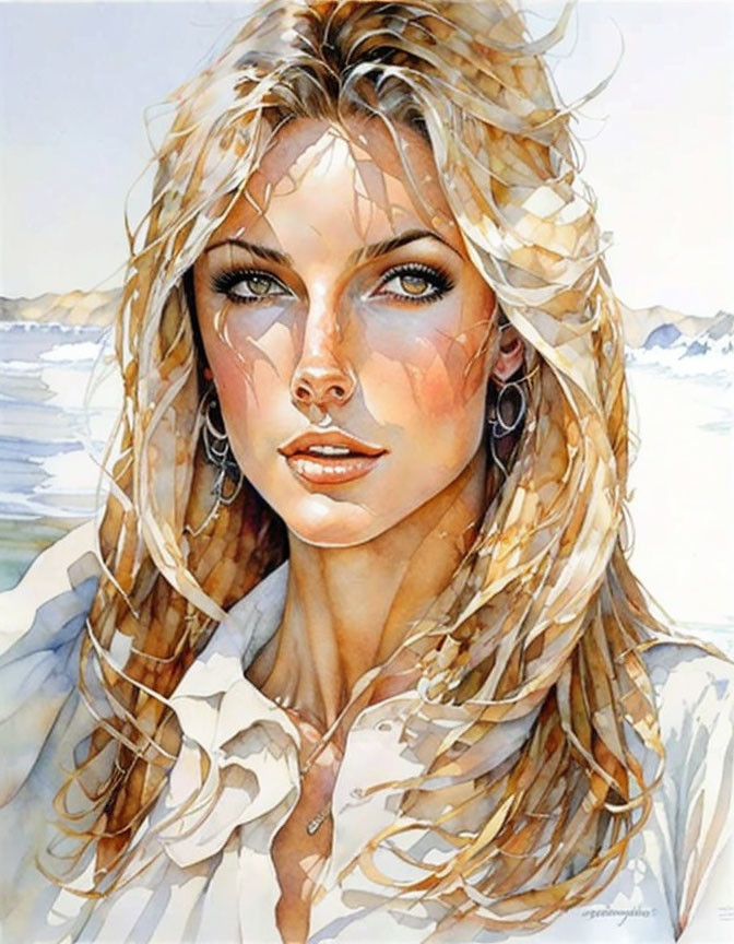 Blonde woman portrait in watercolor with seascape background