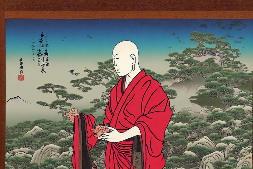 Bald Figure in Red Robes with Prayer Beads in Eastern Landscape