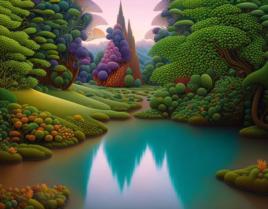 Vibrant surreal trees, blue lake, dreamlike castle in fantastical landscape