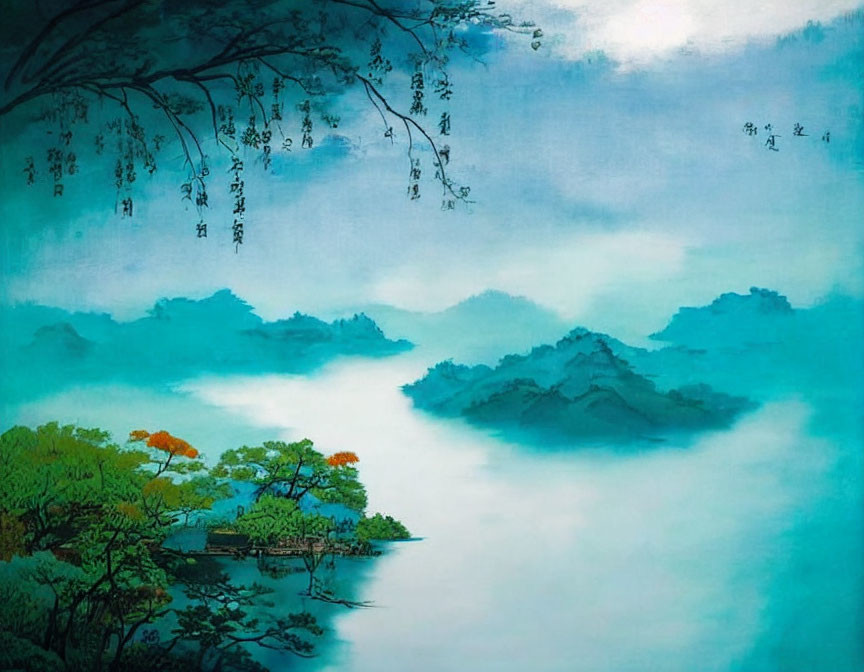 Tranquil landscape painting of misty mountains, serene lake, and verdant trees