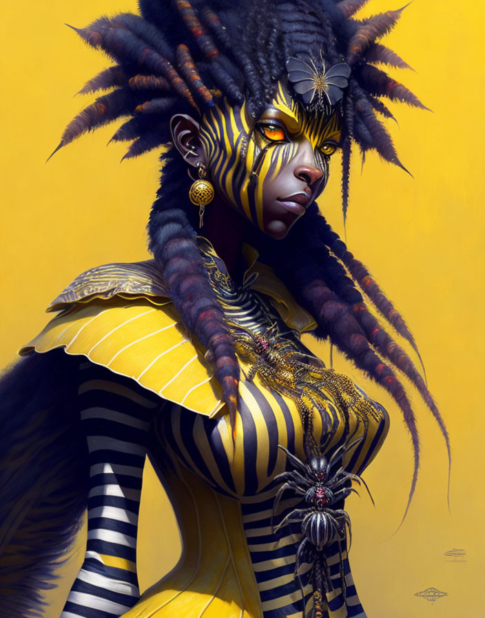 Intricate black and yellow face paint with ornate headpiece and spider brooch