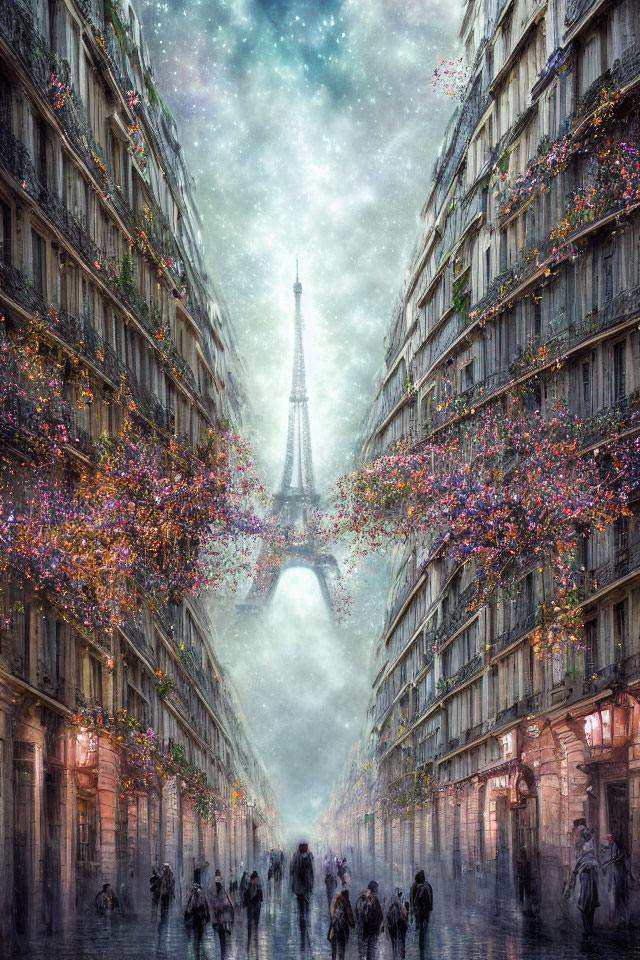 Eiffel Tower in Paris with blossoming trees on misty street