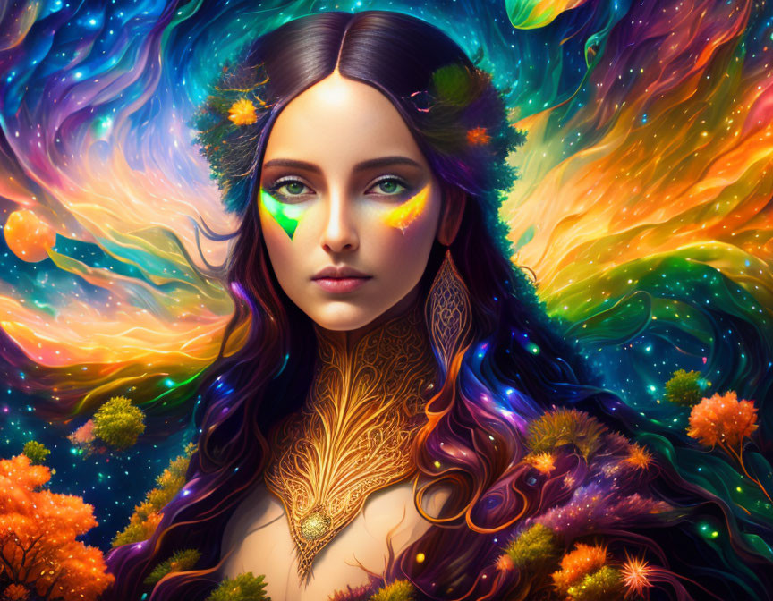 Colorful cosmic-inspired woman portrait with golden tattoos & foliage.