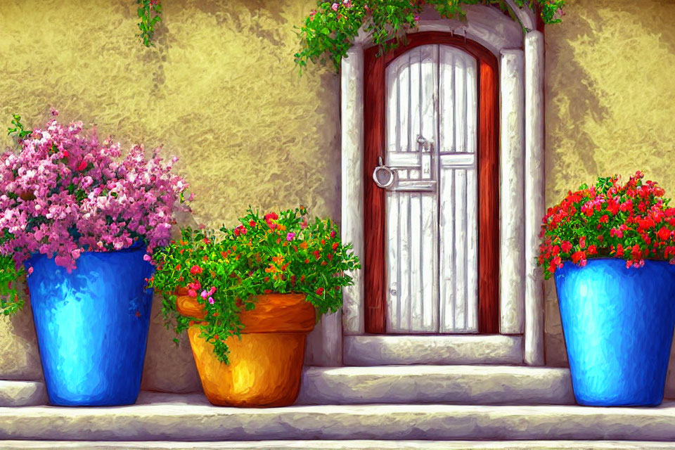 Colorful Flower Pots Flank White Door in Sunny Stucco Wall