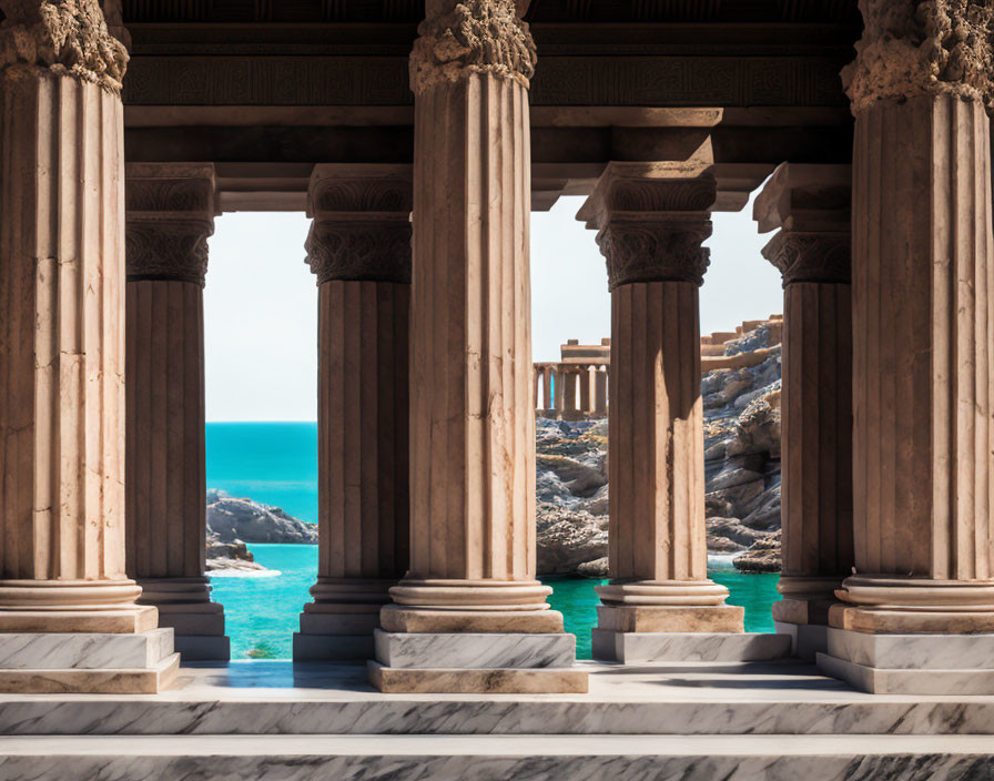 Classical columns framing blue sea and temple on rocky shore.