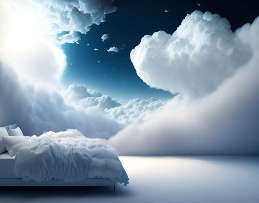 Surreal bed scene with fluffy clouds and luminous moon