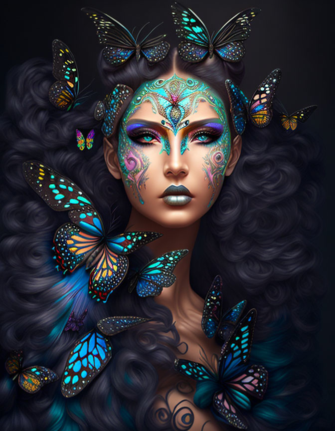 Digital Artwork: Woman with Face Paint and Butterflies in Curly Hair