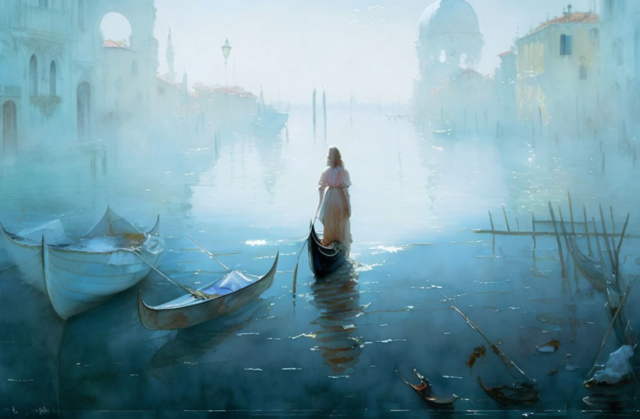 Woman in long dress on gondola in serene Venetian setting