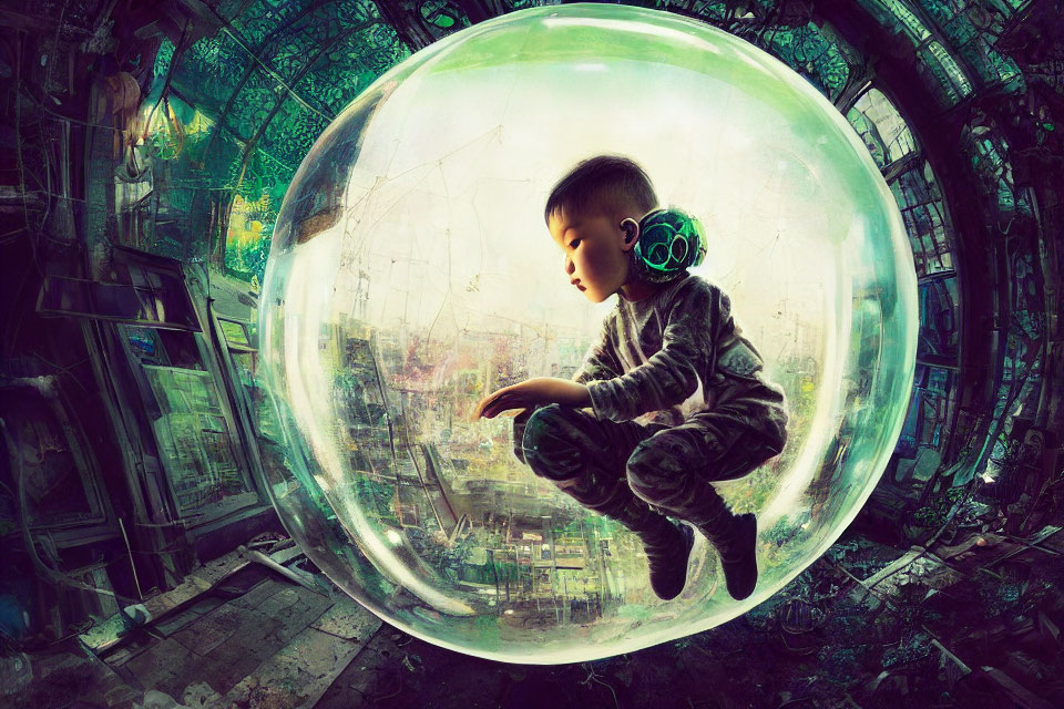 Child in headphones inside futuristic bubble in dilapidated room