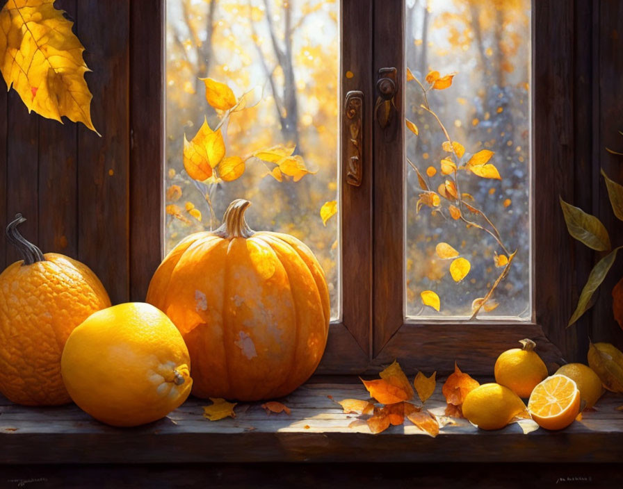 Autumnal scene with pumpkins, citrus fruits, and fallen leaves on windowsill