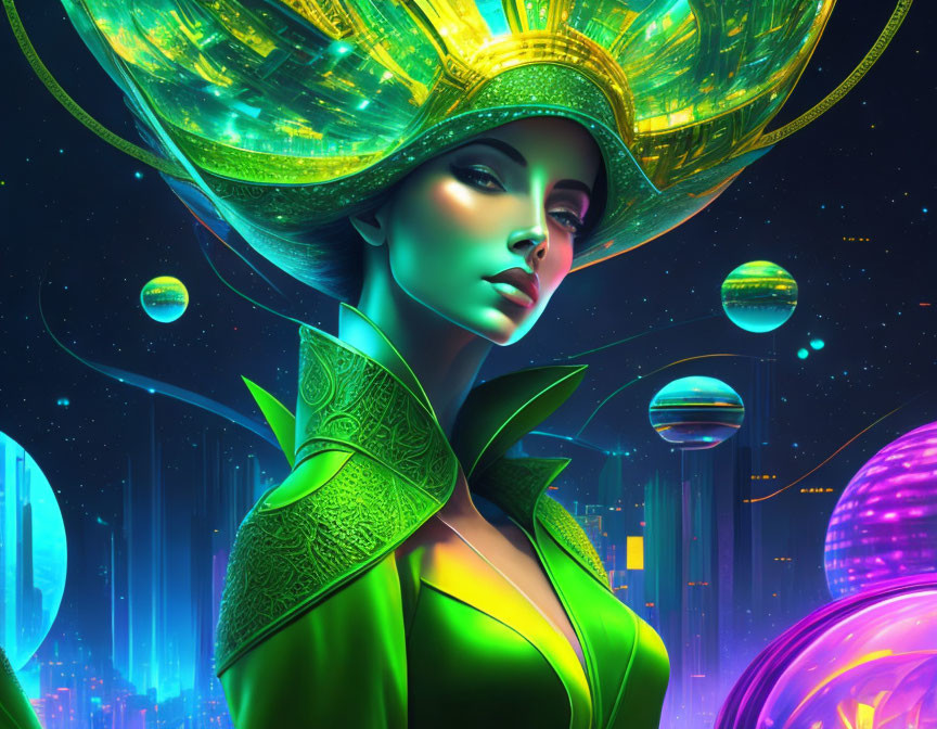 Futuristic portrait of woman with neon-lit headwear in vibrant cityscape