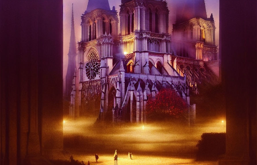 Nighttime illustration of Notre-Dame Cathedral with golden light and silhouettes.