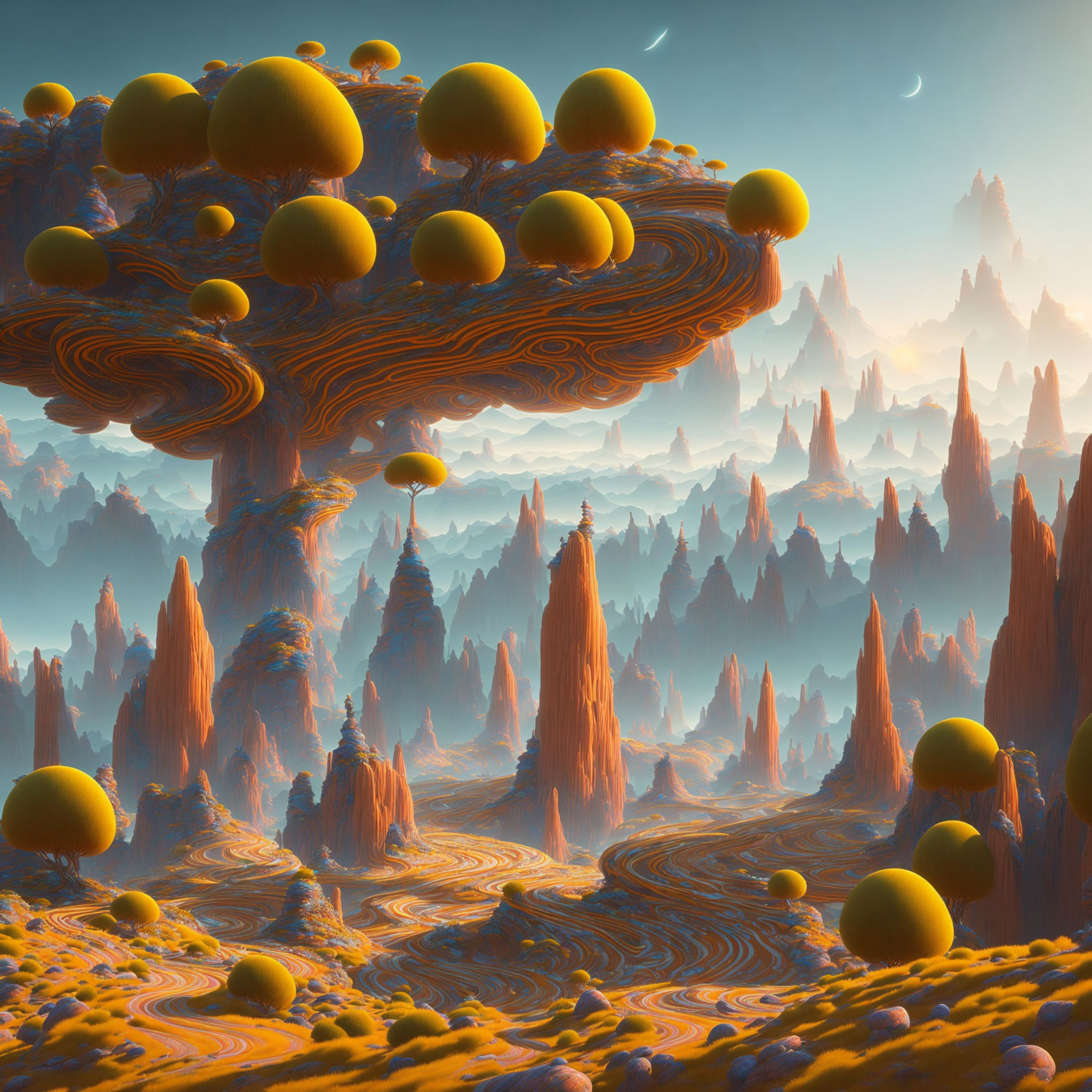 Surreal landscape with orange rock formations, moons, yellow orbs, and tree-like structure