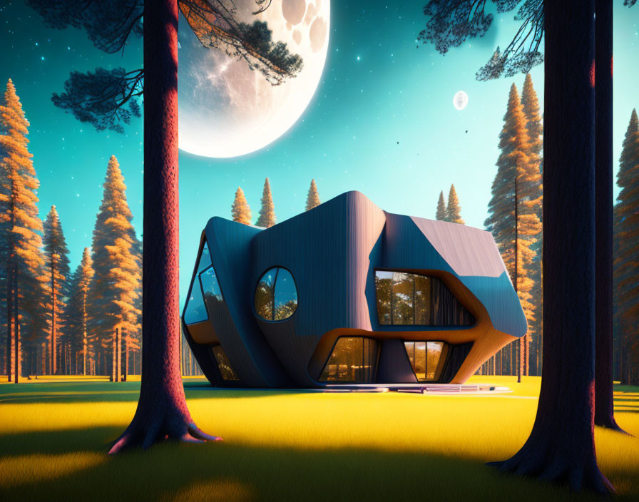 Modern house in pine forest under moonlit sky with visible planet