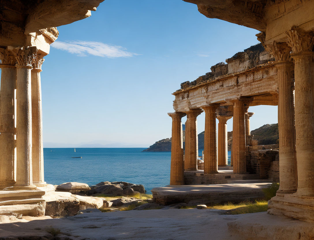 Ancient Greek temple ruins overlooking sea with sailboat and clear sky