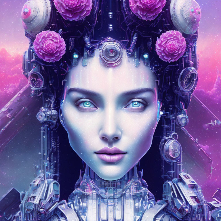 Futuristic female android digital art with mechanical parts and pink flowers