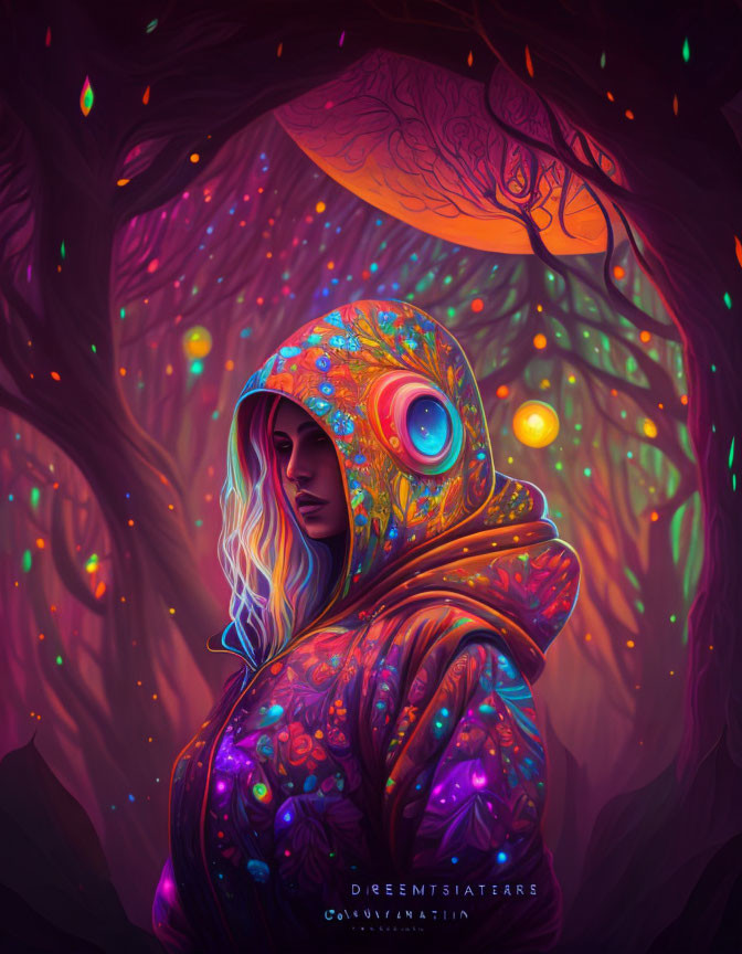 Person in Colorful Hoodie in Mystical Dark Forest with Glowing Leaves