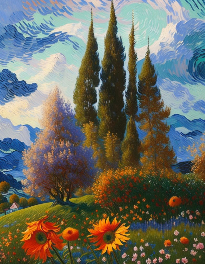 Colorful painting featuring tall cypress trees, purple-leaved tree, sunflowers, and floral under