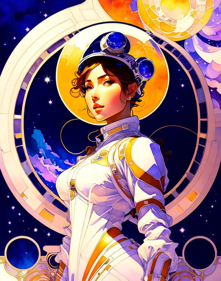 Female astronaut in space-themed helmet and white spacesuit on cosmic background.