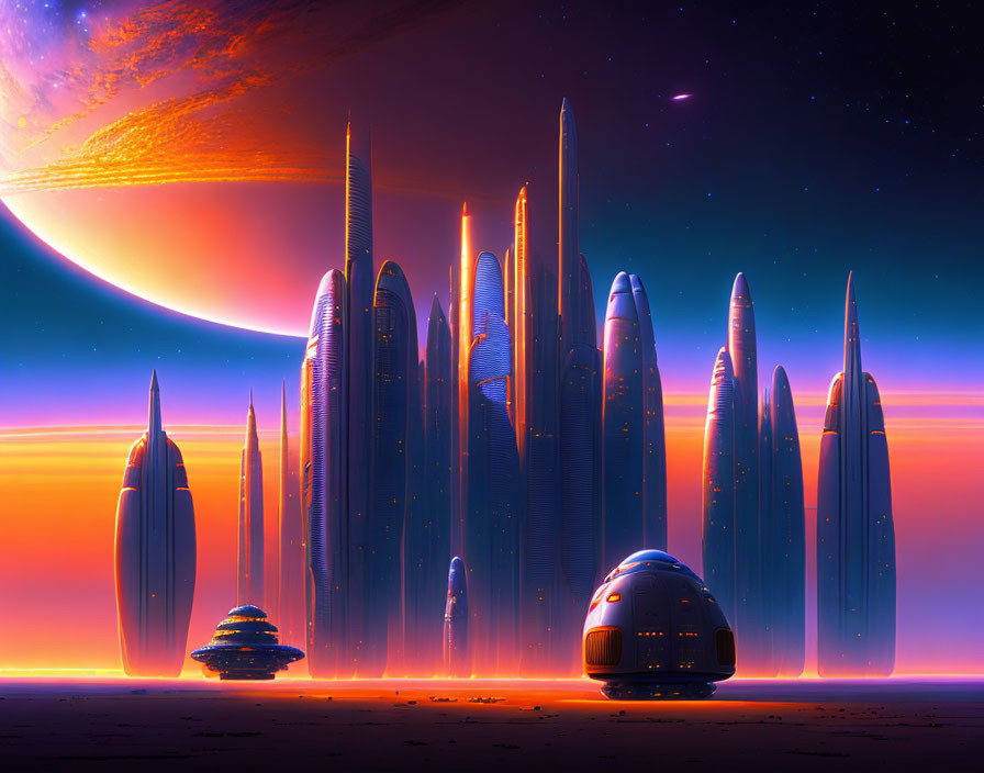 Futuristic cityscape with sleek skyscrapers under an alien sky and large ringed planet at