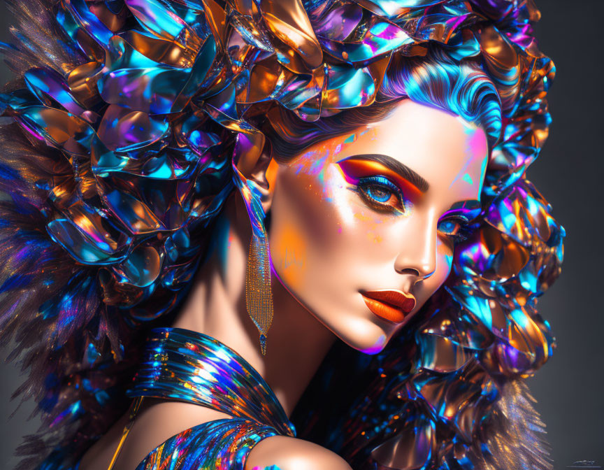 Vibrant digital portrait of a woman with blue curls and bold makeup