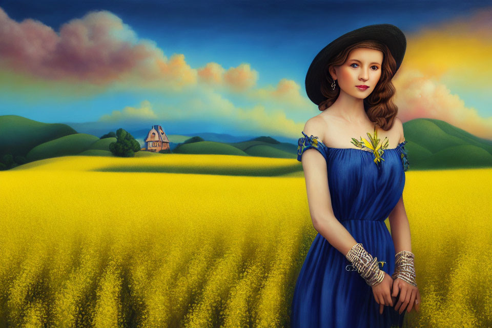 Woman in Blue Off-Shoulder Dress Surrounded by Yellow Flower Field