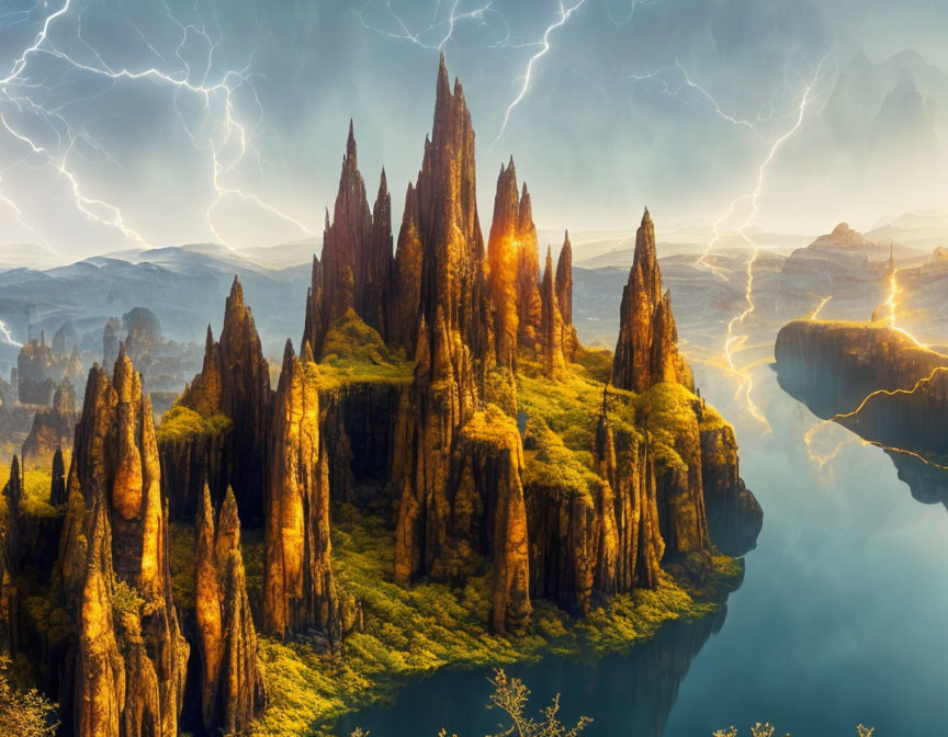 Ethereal landscape with towering rock spires in a thunderstorm