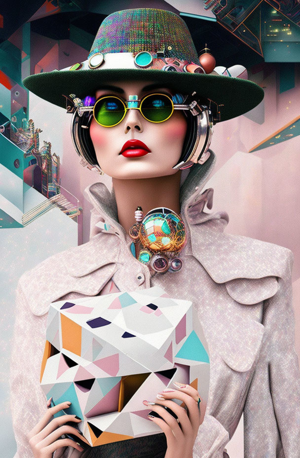 Colorful Stylized Woman Illustration with Sunglasses, Hat, and Geometric Object