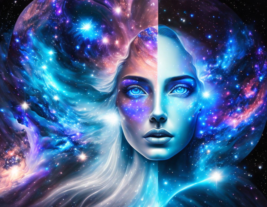 Digital artwork: Woman's face half-human, half-cosmic with starry texture