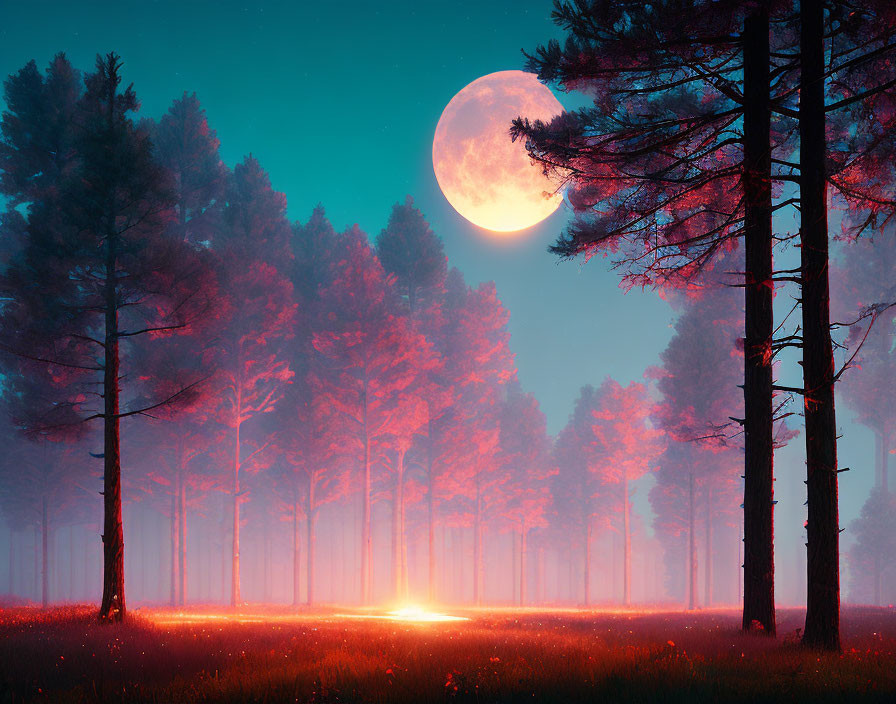 Fantastical forest scene: large moon, glowing floor, towering pine trees at night