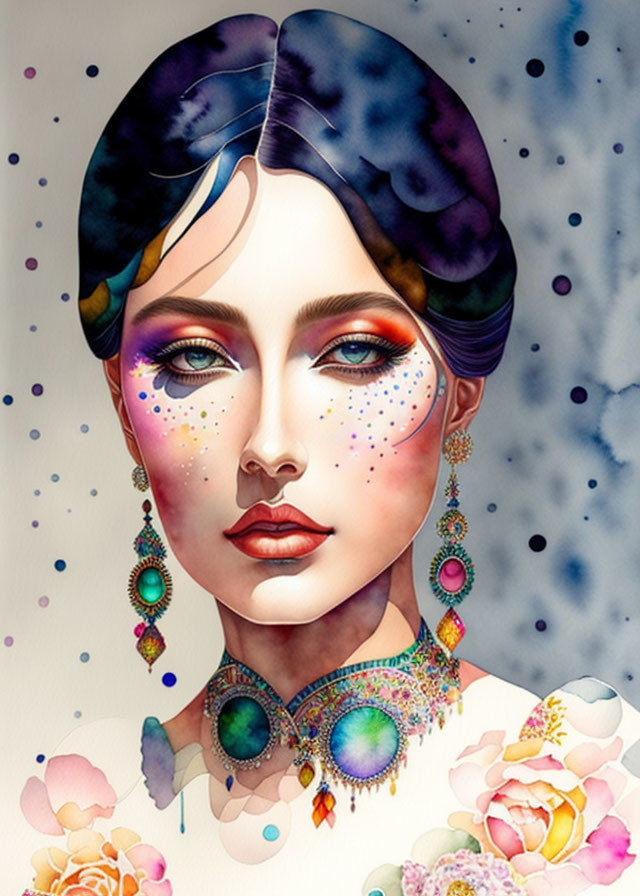 Colorful Woman Illustration with Vibrant Makeup and Floral Accents