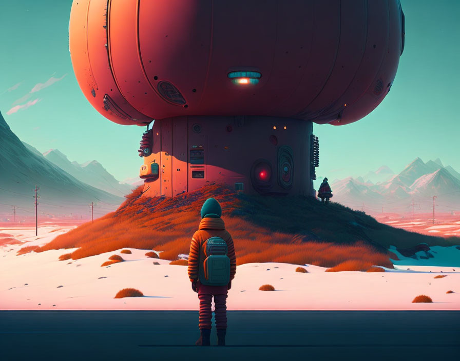 Person in orange jacket before large spherical structure in futuristic landscape