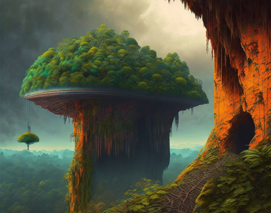 Surreal landscape with floating islands, rope bridge, misty forest, and vibrant cliff.