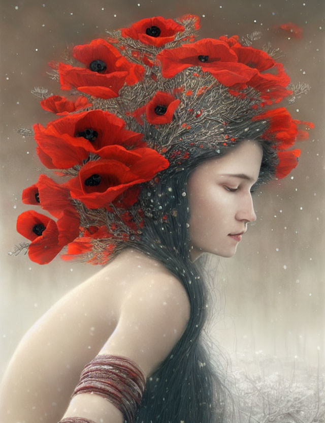 Serene woman with red poppy crown and frost-covered shoulders