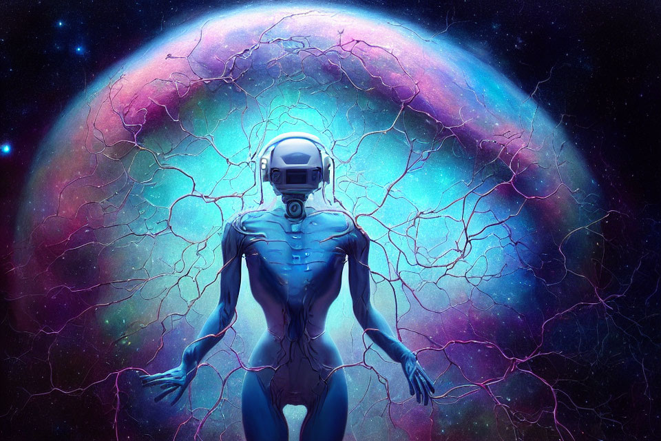 Cosmic backdrop with humanoid figure in space helmet