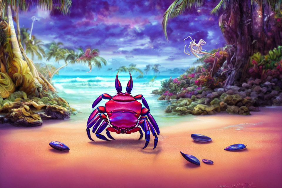 Colorful Crab Illustration on Tropical Beach with Seashells and Seagull