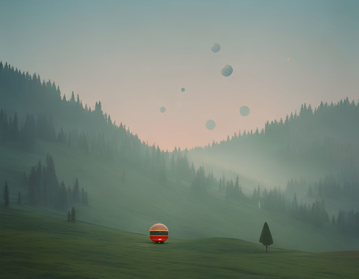 Tranquil landscape with rolling hills, tree, futuristic pod, and floating orbs at dawn