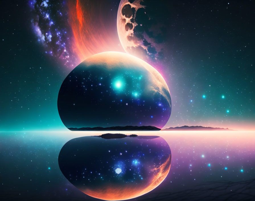 Colorful cosmic illustration with celestial bodies and star-filled sky