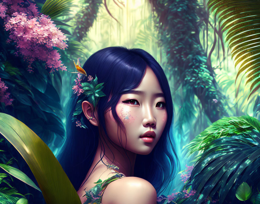 Young woman with blue-black hair and floral adornments in lush jungle setting