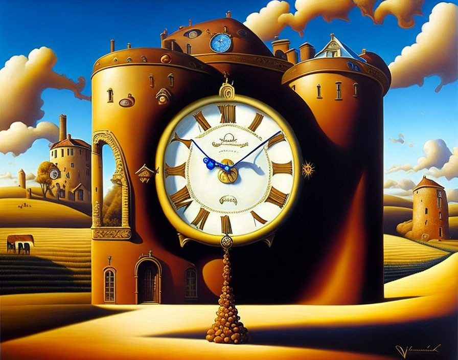 Surreal landscape featuring clock-faced buildings, undulating hills, and blue sky