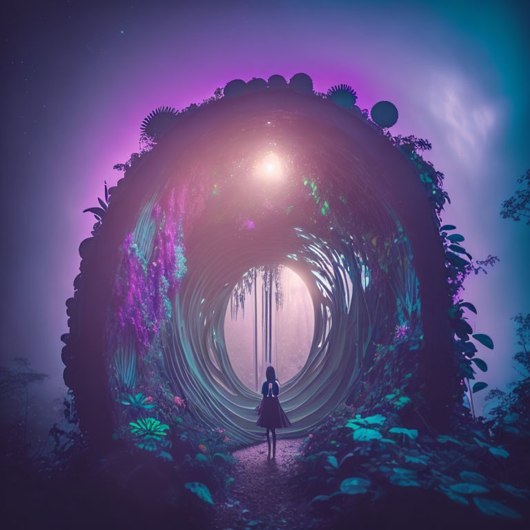 Person at Entrance of Swirling Tunnel to Mystical Forest