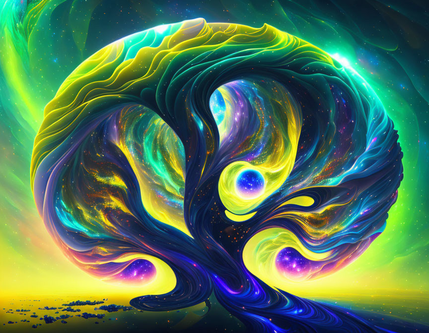 Colorful digital artwork: Tree with swirling branches and celestial bodies in cosmic backdrop