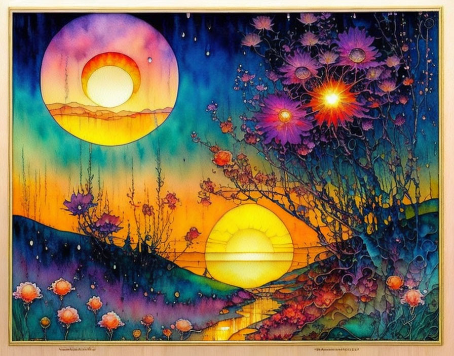 Surreal landscape with two suns and colorful flowers