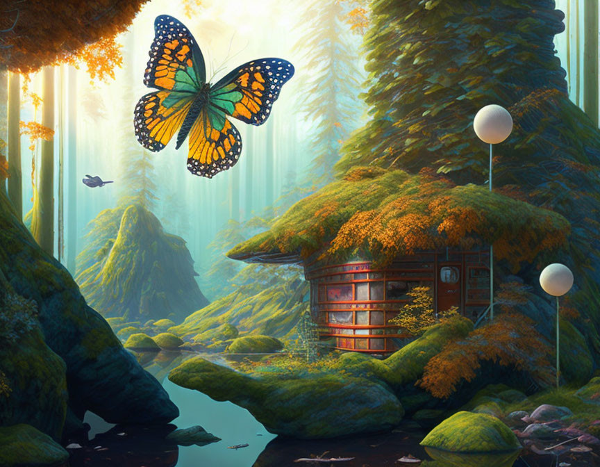 Enchanted forest with butterfly, moss-covered house, and towering trees