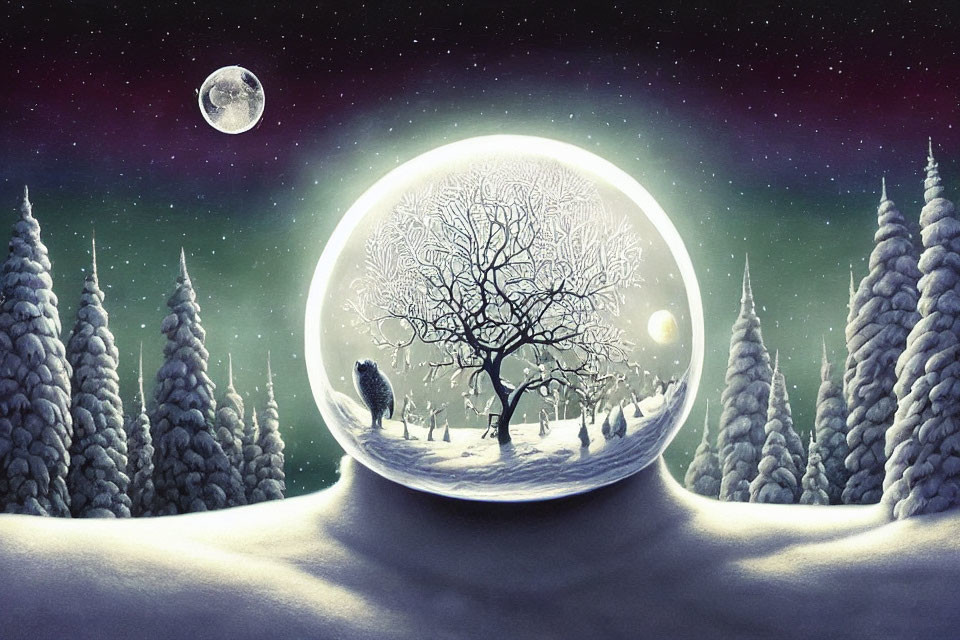 Snowy Landscape with Person in Bubble Under Starry Sky