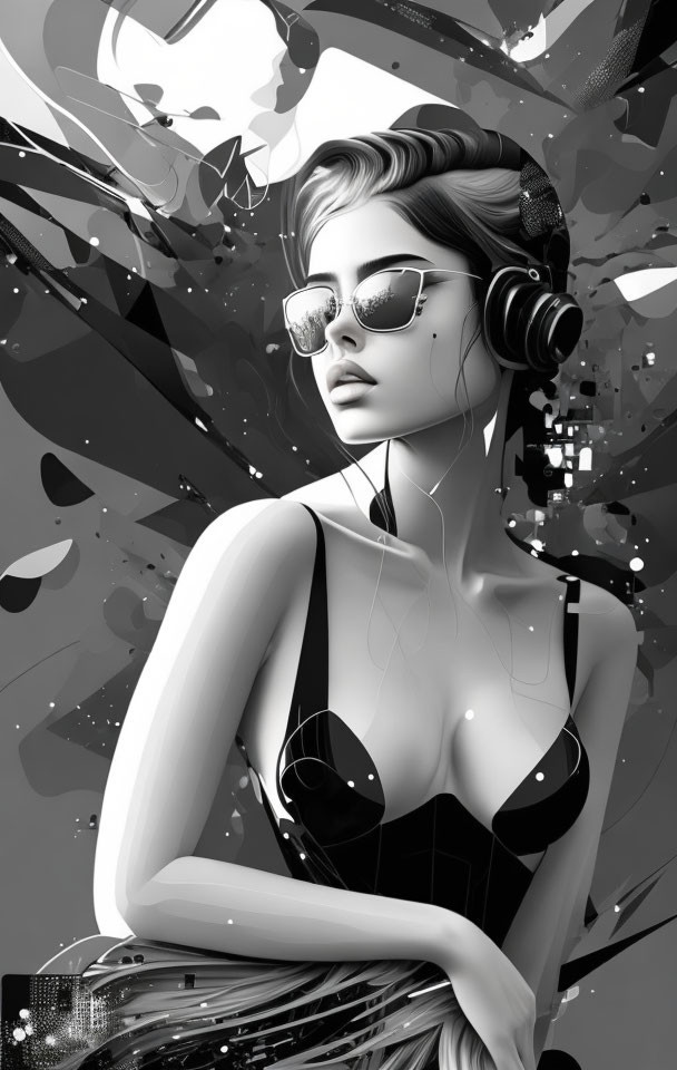 Monochrome illustration of woman with sunglasses and headphones against abstract backdrop