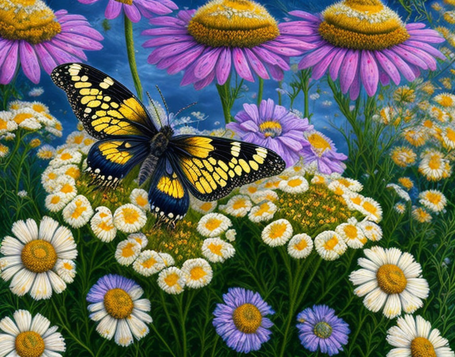 Colorful Butterfly on Yellow and Black Flowers with Purple Background