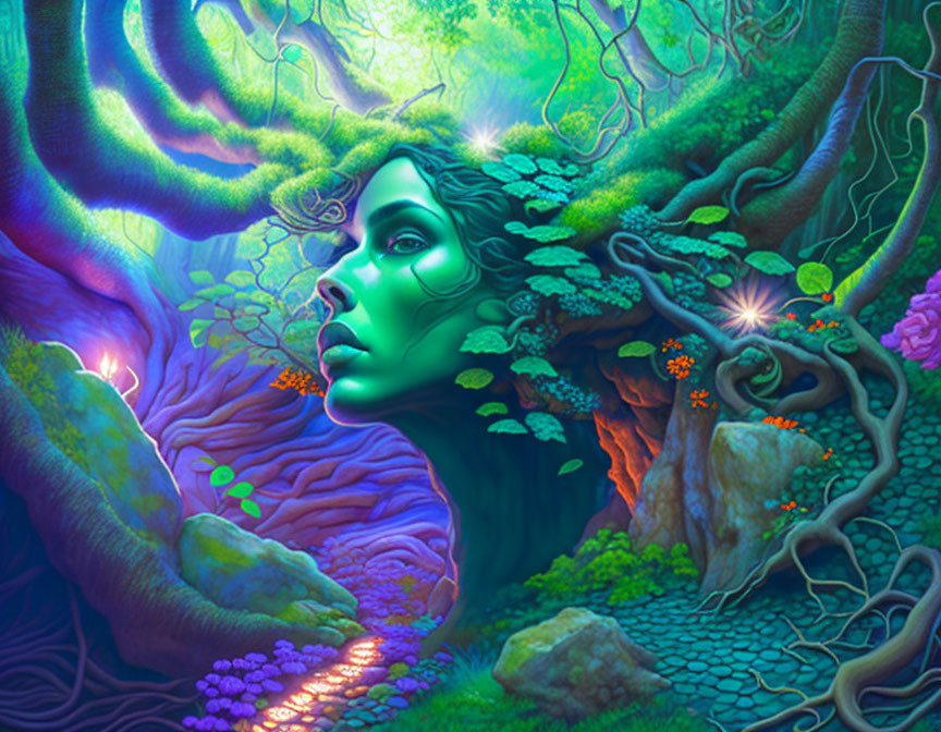 Illustration: Woman's face merging with mystical forest in rich greens.