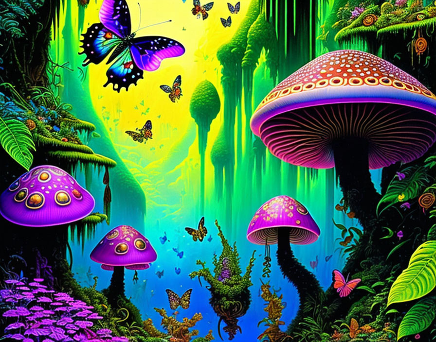 Colorful Mushrooms and Butterflies in Fantasy Landscape