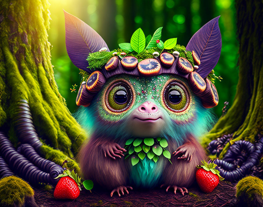 Whimsical creature with large eyes in a magical forest surrounded by strawberries